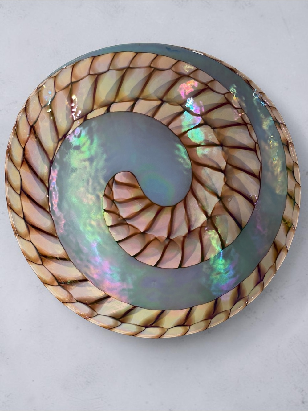 Yalos Murano Fornace Ferro Tuareg Iridescent Nautilus Shell Glass Bowl 20” - Picture 12 of 14